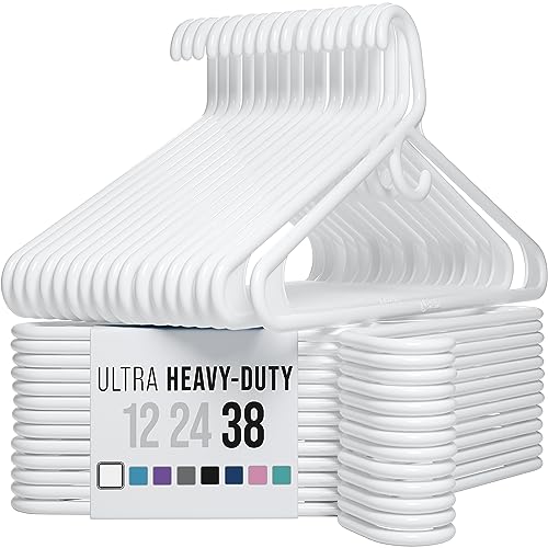 Ultra Heavy Duty Plastic Clothes Hangers - White - Durable Coat, Suit and Clothes Hanger. Perchas De Ropa (38 Pack - White)