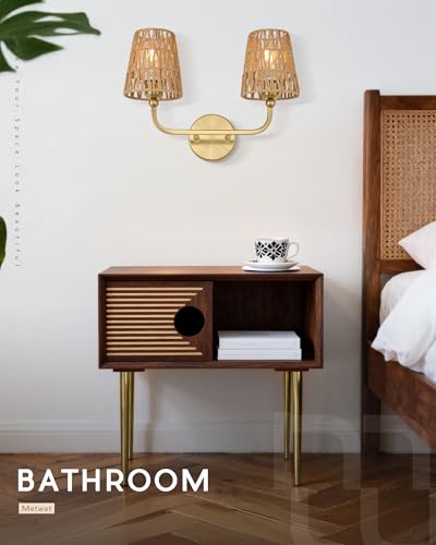 Image of 2-Light Bathroom Light Fixtures, Brushed Gold Rattan Vanity Lights, Double Wall Sconce with Flared Handwoven Shade, Boho Sconces Wall Lighting for Hallway Bedroom Stairway, VL837-BG-RA-2