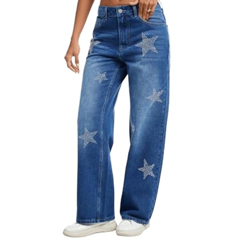 Rhinestone Blue Jeans Men Y2K Star Bedazzled Denim Pants Streetwear Wide Leg Bling Bottoms Glitter Vintage Embellished Hip Hop, Blue, Large