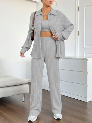 Image of Shasmi Women's 3-Piece Co-ord Set - Solid Button Front Shirt, Strapless Tube Top & Wide Leg Pants | Casual Loose Fit Western Outfit for Daily Spring /Fall Wear (Co-Ord-208)