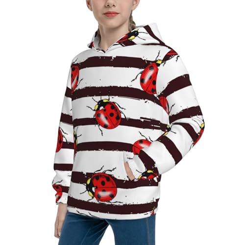 Ladybugs on Black and White Striped1 Kid Hoodies Boys Sweatshirts Girls Pullover with Pocket2