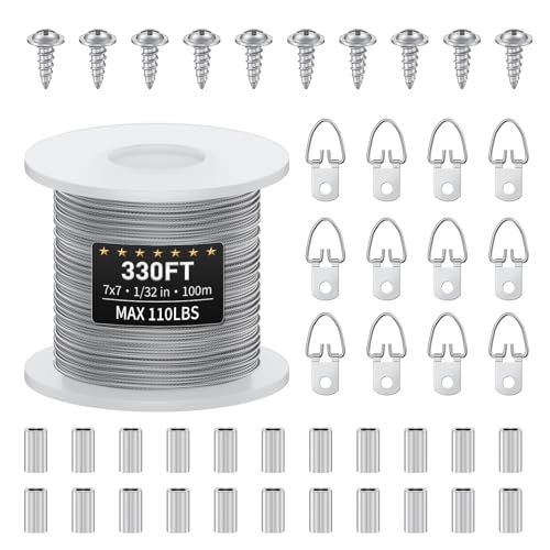 Image of Uniclife Picture Hanging Wire, 330 Feet 1 /32 inch Picture Wire Kit with D-Ring Hangers, Stainless Steel Wire Rope for up to 110 lbs, Trellis Wire Cable for Pictures Photo Frames and String Lights