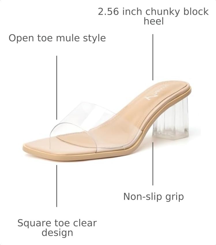 Image of vivianly Women's Low Block Heels Sandal Square Open Toe Chunky High Heels Slip on Heeled Sandals Mules Slide for Party Wedding Dress Shoes | Square Open Toe Chunky High Heels Slip on Heeled Sandals Mules Slide for Party Wedding Dress Shoes