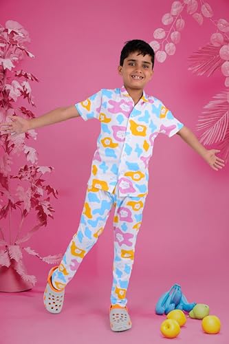 Image of 3BROS Unisex Pure Cotton Short Sleeve Kids Night Dress for Boys & Girls Nightwear /Sleepsuit /Sleepwear /Loungewear Night Suit for Boys and Girls Top and Pyjama Combo Set