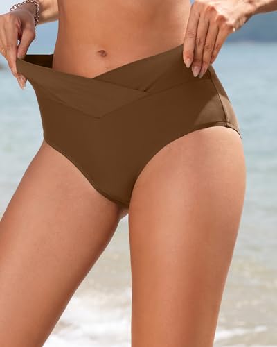 Image of Women V Cut Full Coverage Bikini Bottom - High Waist Swim Bathing Suit Bottoms Cross V Front Swimsuit