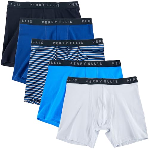 Perry Ellis Cueca boxer masculina de algodão elástico, sem etiqueta, cintura que não enrola, pacote com 5, Azul-marinho/cinza nuvem/azul oceano/listras azuis/preto meia-noite, GG