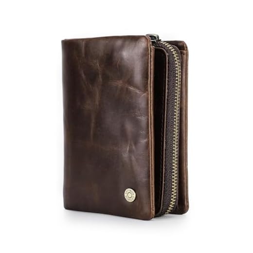 CONTACTS Carteira de Couro Legítimo Masculina com Porta-Cartões (4 Slots), Porta-Foto, Porta-Moedas com Zíper, Compartimento para Notas, Bolsos Deslizantes e Proteção RFID, Luxo – Cor Marrom