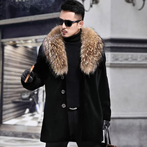 Image of Long Faux Fur Coat Outwear Black Winter Parka Overcoat for Men