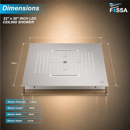 Image of Fossa 5-Year Warranty 304 Stainless Steel 22 x 20 Inch Ceiling Mounted Circular, Linear, Mist, Rain with LED and Silicone Nozzles for Bathroom, Silver (Chrome Finish)