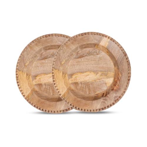 Natural Wooden Chargers for Dinner Plates Set of 2 - Decorative 13 Inch Round Wood Beads Placemats for Dining Table Décor, Wedding, Party, Family Gathering, Christmas, New-Year, Events, & Everyday Use