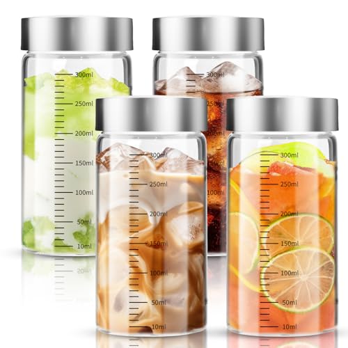 DUBUOZA 4er Glasflaschen 300ml mit Edelstahl Deckel,Smoothie Gläser Sets mit Messskala,Wiederverwendbar Glaswasserflasche,Smoothie Becher to go für Säfte, Smoothies, Kaffee, Milch, Tee (300ML)