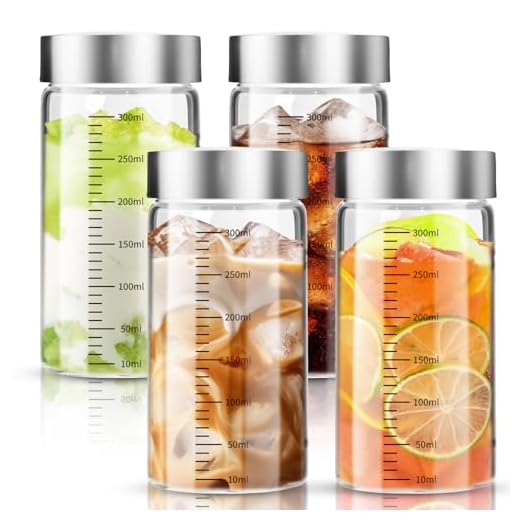 DUBUOZA 4er Glasflaschen 300ml mit Edelstahl Deckel,Smoothie Gläser Sets mit Messskala,Wiederverwendbar Glaswasserflasche,Smoothie Becher to go für Säfte, Smoothies, Kaffee, Milch, Tee (300ML)