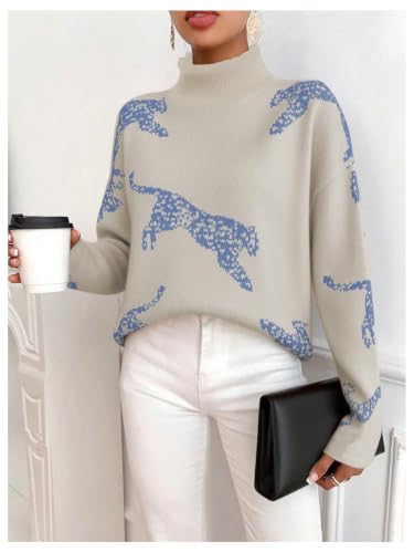 Image of WDIRARA Women's Leopard Tiger Print Sweater High Neck Long Sleeve Fuzzy Knitted Pullover Top