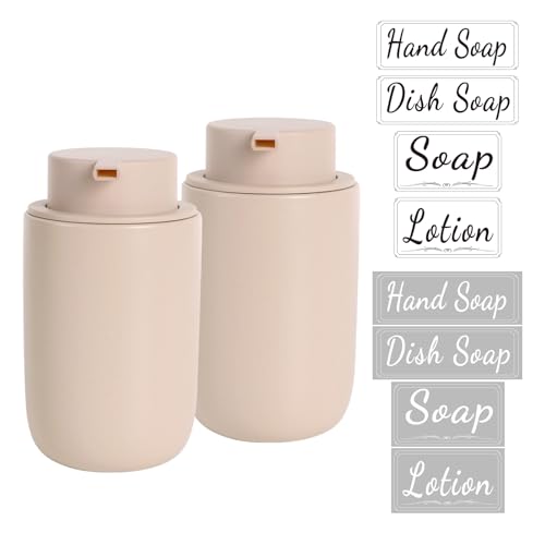Image of BosilunLife Foaming Soap Dispenser Set - Khaki Ceramic Foam Hand Dispenser 12oz Soap Dispenser Set with Rust Proof Pump, 4Pcs Clear Stickers for Kitchen, Bathroom - 2 Pack