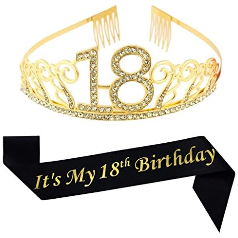18th Birthday Gold Tiara and Sash Glitter Satin Sash and Crystal Rhinestone Tiara Crown for Happy 18th Birthday Party Supplies Favors Decorations Birthday Cake Topper Cover