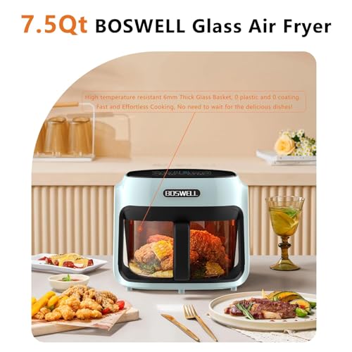 Image of 7.5 QT Glass Air Fryer, Transparent Fry Bowl, Circulating Heating & Temperature Control, Stainless Steel Interior, Dishwasher Safe, Green