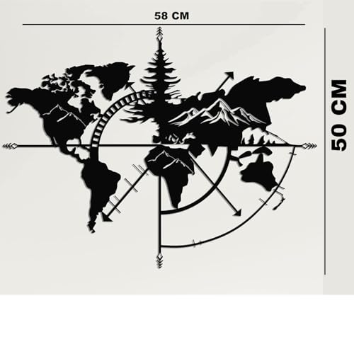 Image of World Map Wall Art World Map Mountains 3D for Home Decor | Wall Sculpture Home Decoration | Metal Art | Metal Wall Art | Home Wall Hangings Metal Decor (Black (58 x 50 cm)