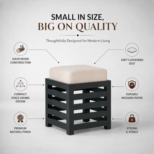 Image of Multipurpose Wooden Puffy with Footrest, Dressing Table, and Solid Wood Stool with Cushion for Living Room, Bedroom, Balcony, etc. (Black)