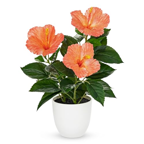 Briful Artificial Hibiscus Flowers in Pot, 14.5’’ Faux Hibiscus Plant,