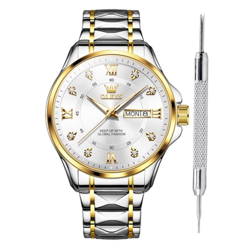 OLEVS Fashion CZ White Gold Analog Quartz Wrist Watches for Men Waterproof Modern Rhinestone Dress Unique Calendar Date CZ White Gold Men's​​ Watch for Business Office Formal Occasions Casual Wear