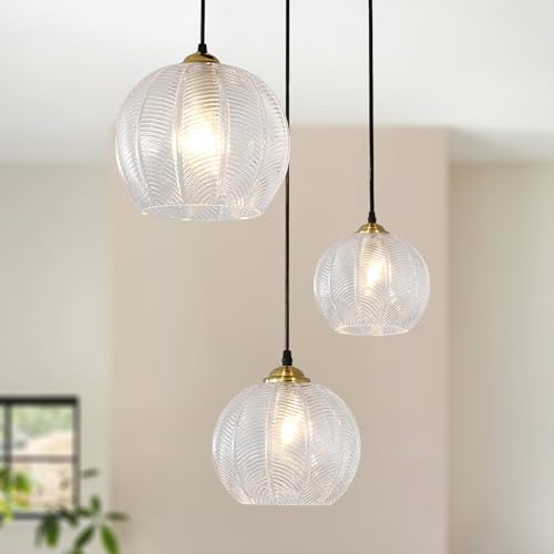 TESTOYS 3-Light Clear Glass Pendant Light, Globe Shade Hanging Chandelier, Hand Blown Glass...