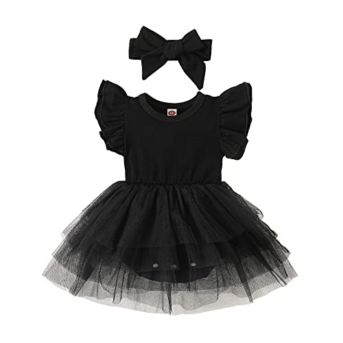 Image of Baby Girl Clothes Infant Ruffle Sleeve Romper Dress Newborn Solid Tutu Skirt Sets Jumpsuit Headband Outfit