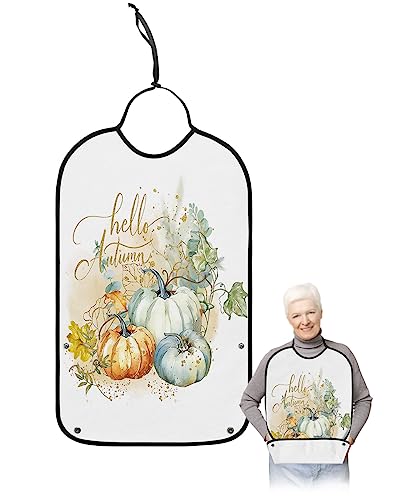 Pumpkin Gold Adult Bib for Eating with Crumb Catcher,Washable & Waterproof Terry Cloth Adjustable Elderly Women Men Adult Bibs Funny Clothing Protector Thanksgiving Elegant Fall Eucalyptus Leaves