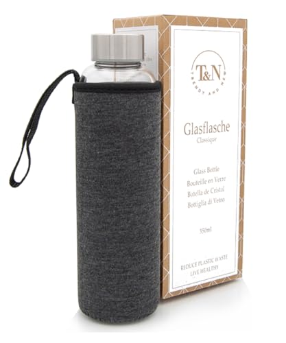 T&N bouteille verre 1L / 750ml / 500ml – gourde réutilisable avec housse néoprène – étanche & sans BPA – borosilicate épais – pour eau, thé, boissons gazeuses