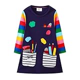 Hongshilian Girls Cartoon Dress Applique Party Dresses Casual Jersey Cotton Long-Sleeved(7T,Painter & Multicolor)