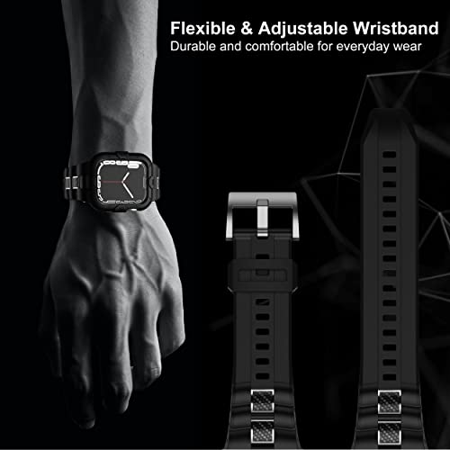 Gelishi Compatible With Apple Watch Band 45Mm Series 7/Series 8 Case Bumper, Sport Men Band With Carbon Fiber Pieces, Tpu Military Band Rugged Protective Case Shockproof - Black #TOP4