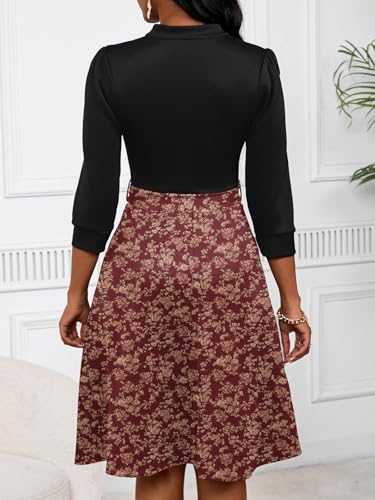 Image of PerZeal Women's Casual Flowy A-Line Midi Dress Flared V-Neck Colorblock Print for Wedding Guest 3 /4 Sleeve Dress with Belt