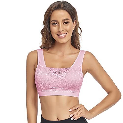 Litthing Lace Bralettes for Women Padded Sports Bra Seamless Wirefree Comfort Lace Bra Yoga Cami Bra (White 1, Pink 1, Blue 1, XXL) - Thumbnail 2