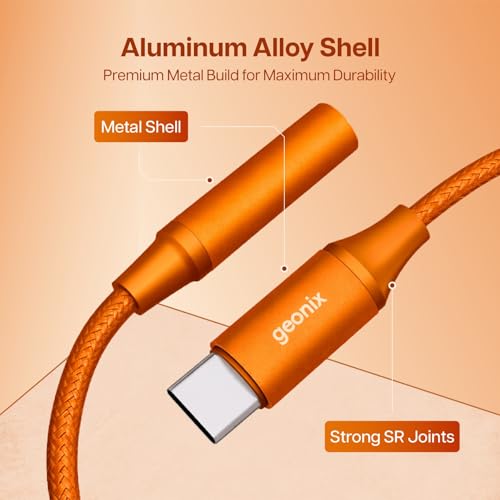 Image of Geonix Befit AX7 Type-C to 3.5mm AUX Female Converter, MIC & Audio Support, Smart DAC Chip, Plug & Play, 13cm Cable (Cosmic Orange)