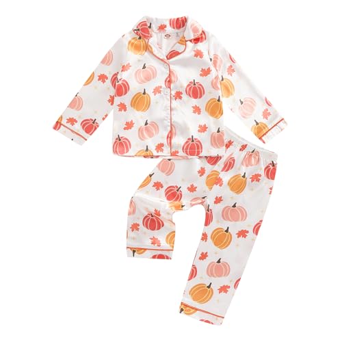 MAINESAKA Halloween Baby Pajamas Toddler Girl Boy Silk Satin Pajamas Long Sleeve Button Down Shirt Pants Pjs Set Sleepwear (B-Orange, 3-4 Years)