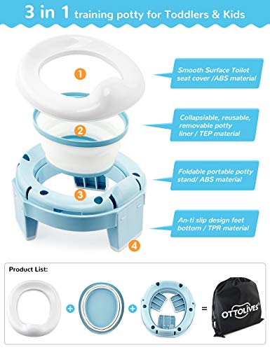 Potty Training Seat for Toddler Kids, 3-1 Portable Collapsible Toilet Seat with Storage Bag, Anti-Slip Design and Splash Guard, Potty Chair for Travel Home Car Camping Use (Blue)