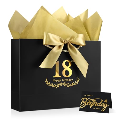 Image of JMANNI Black Gold 18th Birthday Gift Bag with Card and Tissue Paper, 12.6 inchx9.84 inchx3.9 inch Elegant Present Bag for Adults, 18 Year Old Birthday Keepsake Party Supplies