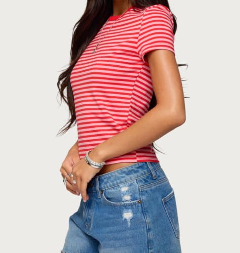 Image of Cute Striped Graphic Tees for Women Y2k Short Sleeve Preppy Teen Crop Tops