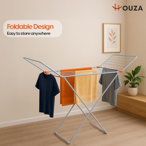 Image of HOUZA 3 Way Folding Cloth Drying Stand, Lightweight, 42 Feet Drying Length, 20 Drying Rails, Orange & White, Pack of 1