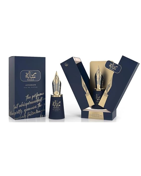 RISALA Autograph Luxury Perfume, Navy Blue and Gold, Designer Fountain Pen Bottle Design, Eau de Parfum