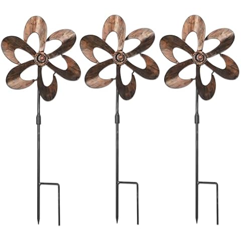 Aoutrow 3 Pack Wind Spinners with Metal Stake, 16.3 Inches Outdoor Wind Catcher Garden Sculptures Bronze Metal Windmill for Spring Garden Yard Lawn Patio Decoration Cover