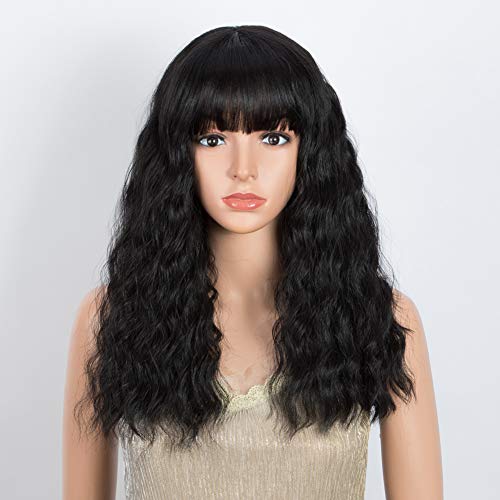 DÉBUT Long Bob Wigs Curl Lob Wigs Synthetic Hair Replacement 18 inches 203g blunt thick Bangs (1B: Natural Black)