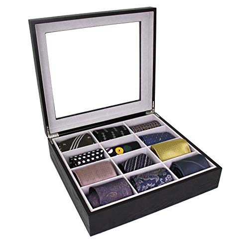 Techswiss Tie Box Storage Case Organizer In Wood Glass Lid Valet (Black) #TOP3