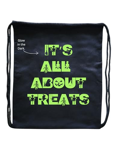 Halloween Trick or Treat Bag, Glow in the Dark Design, Black Drawstring Bag with Spooky Print