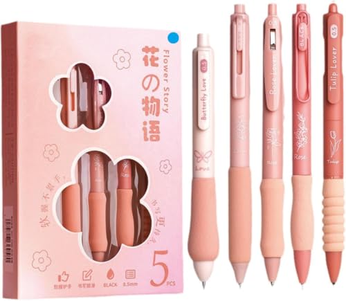 Image of PAXCOO Flower Theme Gel Pens Set of 5, 0.5mm Fine Point Blue Ink Quick Dry Retractable Gel Pens, Aesthetic Cute Flower Pens for School, Office,Note Taking, Smooth Writing with Comfortable Soft Grip