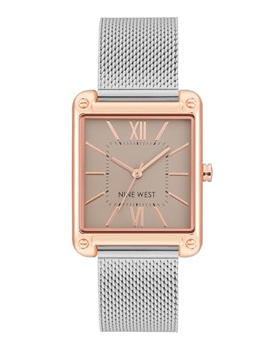 Nine West Reloj de pulsera de malla para mujer, Plateado/oro rosa Nine West Reloj de pulsera de malla para mujer, Plateado/oro rosa