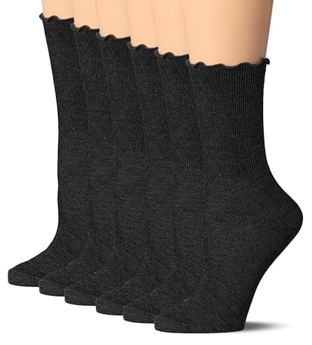 Tipi Toe Womens 6 Pairs Crew Length Turn-Cuff Solid Lettuce Edge Lace Ruffle Socks Size 9-11
