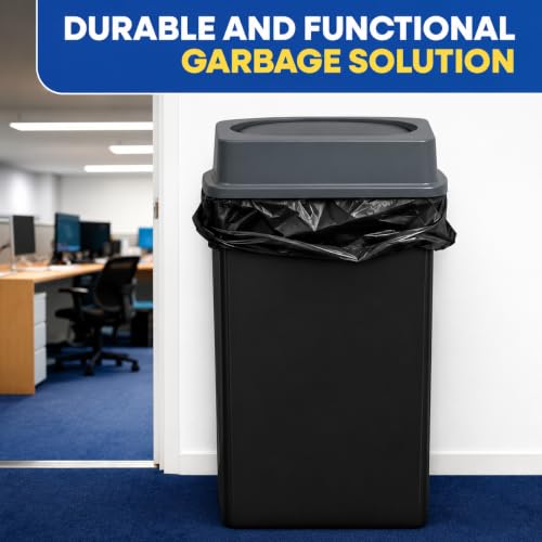 Image of PLASTIC PRINCE 23 Gallon Slim Trash Can with Swing Lid Commercial Rectangular Garbage Can with Drop Shot Lid Waste Bin with Double Flip Top for Restaurant Home Kitchen Office, Black /Gray 2 Pack