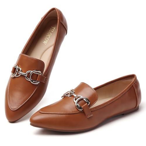 Image of Tilocow Metal Chain Loafers Flats for Women Pointed Toe Slip on Flats Dressy Casual Comfortable Work Business Shoes