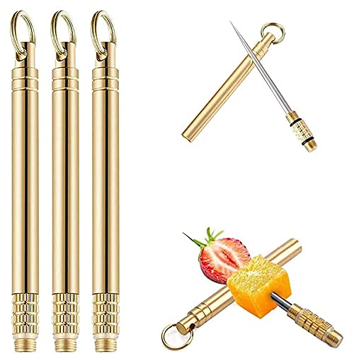 Portable Toothpicks,ICOUBIU Pocket Toothpick Metal Brass Toothpick Holder Fruit Fork Reusable Toothpick Keychain Brass Toothpicks Detachable Dessert Toothpick for Outdoor Picnic Camping,3 Pack