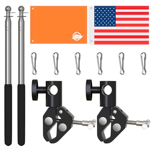2-PACK-Boat-American-Flag-Orange-Boat-Flag-Holder-48-Inch-Water-Ski-Flag-Adjustable-Boat-Flag-Pole-For-059-2-Inch-Round-And-Pontoon-Square-Rail-Kayak-Flag-with-Replacement-Flag-For-SwimmersSurfers